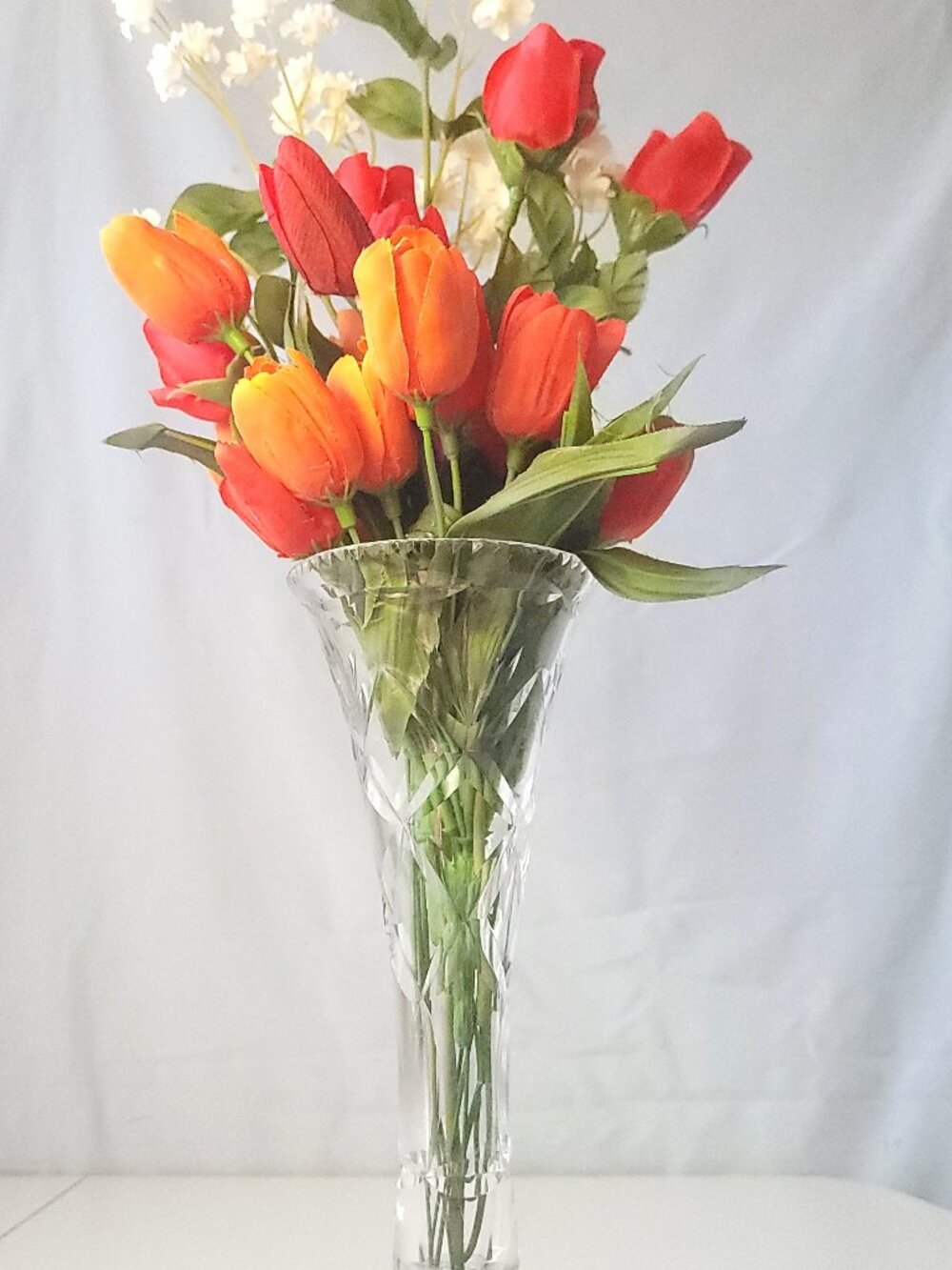 1980s Cut Crystal Trumpet Vase 9.75” Starburst Base with Faux Flowers